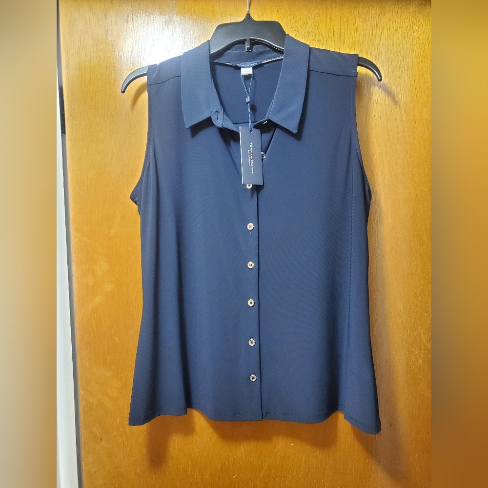 Tommy Hilfiger sleeveless blouse. Dark Blue with silver buttons.